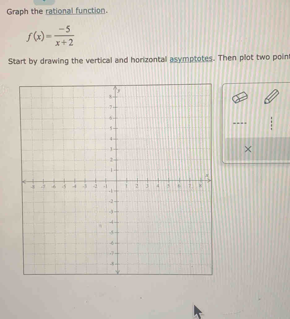 Graph the rational function.
f(x)= (-5)/x+2 
Start by drawing the vertical and horizontal asymptotes. Then plot two poin 
×