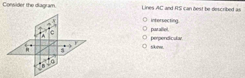 Consider the diagram. Lines AC and RS can best be described as
X intersecting.
C
parallel.
A
perpendicular.
R s
skew.
G
B