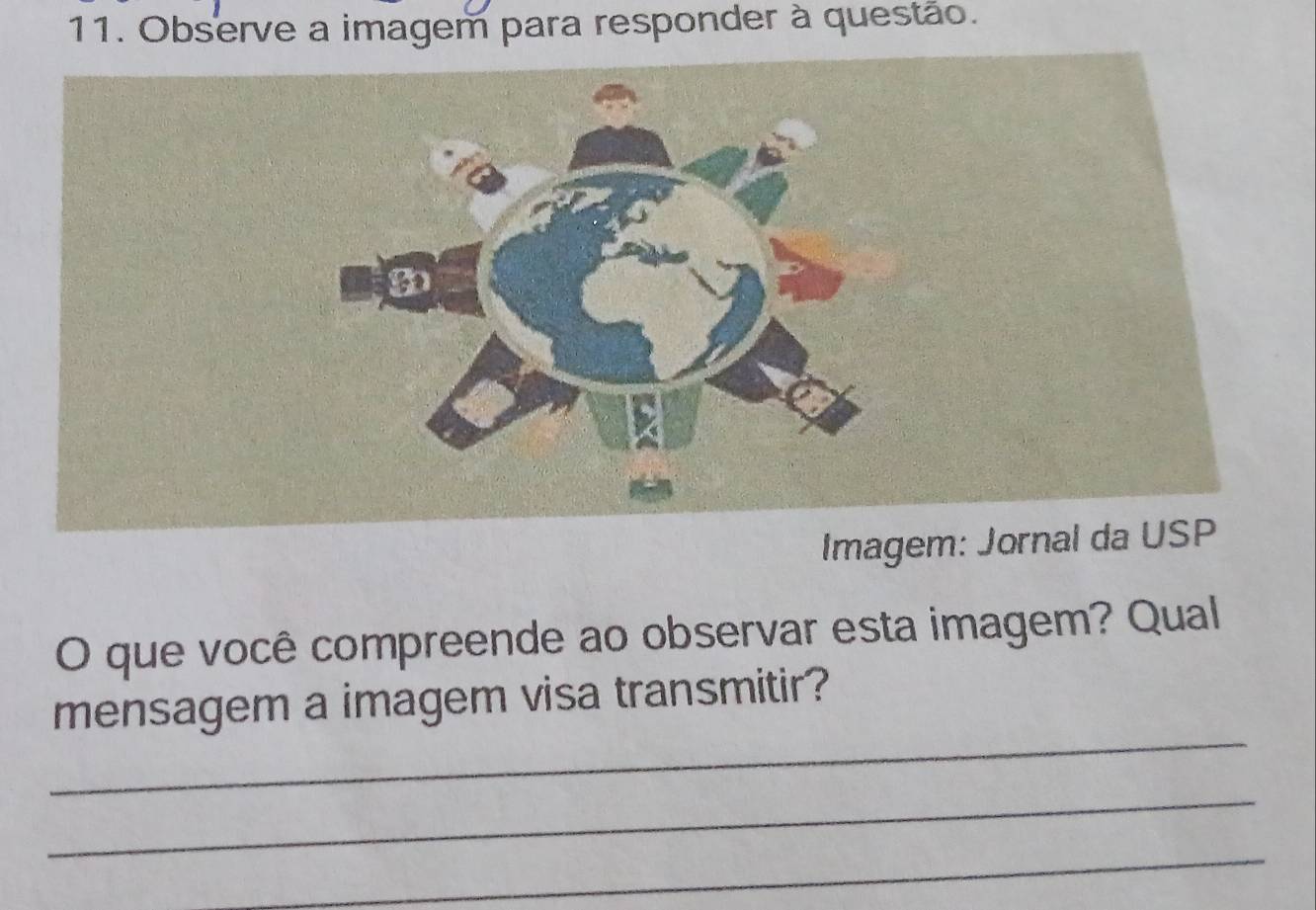 Observe a imagem para responder à questão. 
Imagem: Jornal da USP 
O que você compreende ao observar esta imagem? Qual 
_ 
mensagem a imagem visa transmitir? 
_ 
_