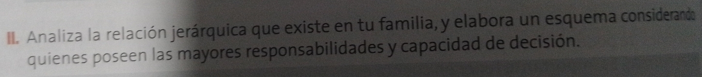 Analiza la relación jerárquica que existe en tu familia, y elabora un esquema considerando 
quienes poseen las mayores responsabilidades y capacidad de decisión.