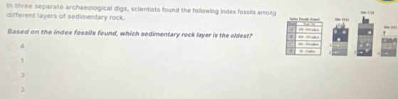 in three separate archaeological digs, scientists found the following Index fossils among
different layers of sedimentary rock. fhe 3613 68 C1
Based on the index fossils found, which sedimentary rock layer is the oldest?
4
1
1
3
2