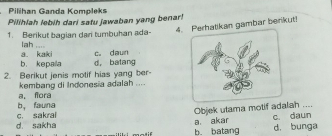 Pilihan Ganda Kompleks
Pilihlah lebih dari satu jawaban yang benar!
1. Berikut bagian dari tumbuhan ada- 4.rhatikan gambar berikut!
lah ...
a. kaki c. daun
b. kepala d， batang
2. Berikut jenis motif hias yang ber-
kembang di Indonesia adalah ....
a, flora
b， fauna
Objek utama motif adalah ....
c. sakral c. daun
d. sakha
a. akar
b. batang d. bunga