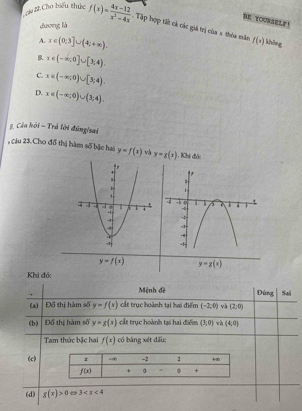 Câu 22.Cho biểu thức
BE YOURSELF!
dương là
f(x)= (4x-12)/x^2-4x . Tập hợp tất cả các giá trị của x thỏa mãn f(x) không
A. x∈ (0;3]∪ (4;+∈fty ).
B. x∈ (-∈fty ;0]∪ [3;4).
C. x∈ (-∈fty ;0)∪ [3;4).
D. x∈ (-∈fty ;0)∪ (3;4).
B. Câu hỏi - Trả lời đúng/sai
3Câu 23.Cho đồ thị hàm số bậc hai y=f(x) và y=g(x). Khi đó:
y=f(x)
y=g(x)
Khi đó:
Mệnh đề Đúng
. , Sai
(a)  Đồ thị hàm số y=f(x) cắt trục hoành tại hai điểm (-2;0) và (2;0)
(b) Đồ thị hàm số y=g(x) cắt trục hoành tại hai điểm (3;0) và (4;0)
Tam thức bậc hai f(x) có bảng xét dấu:
(c)
(d) g(x)>0 3