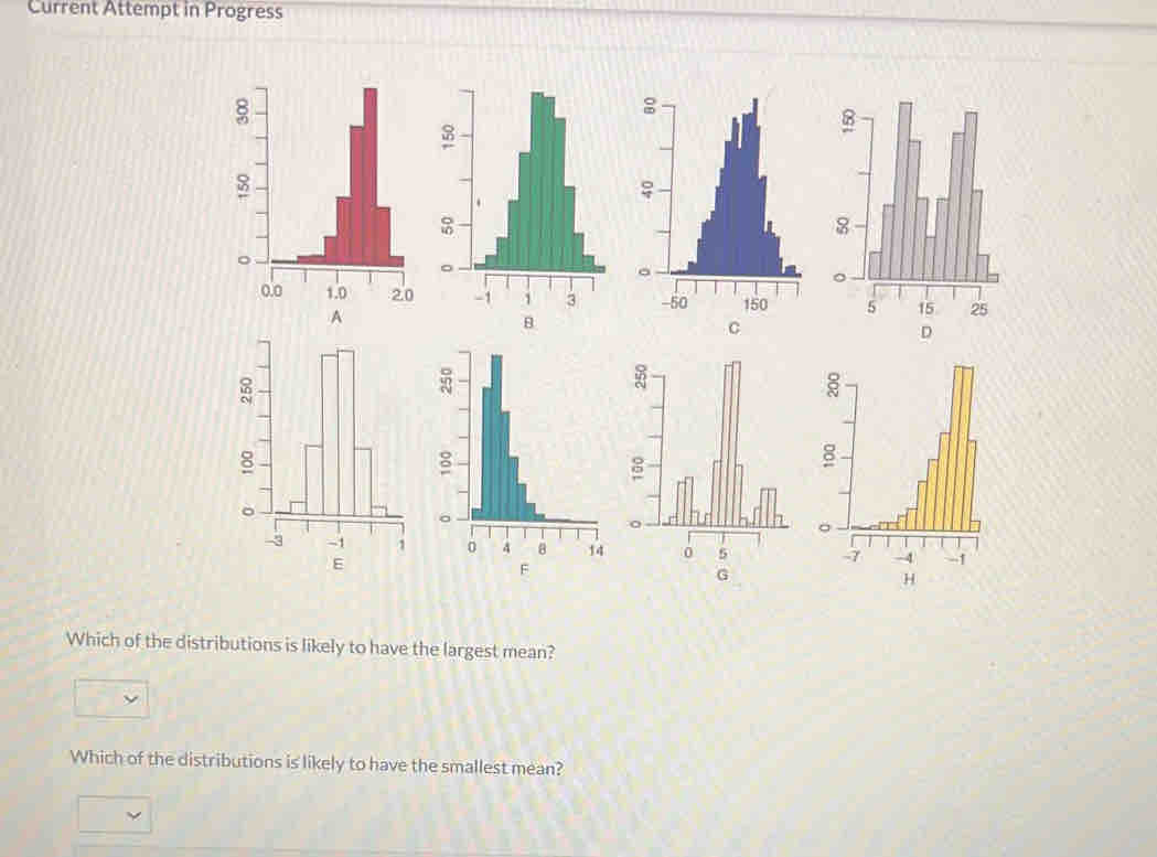 Current Attempt in Progress 

B 
C 
D 
Which of the distributions is likely to have the largest mean? 
Which of the distributions is likely to have the smallest mean?