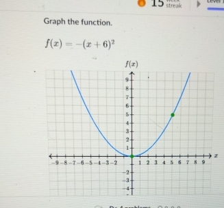 streak
Graph the function.
f(x)=-(x+6)^2
r