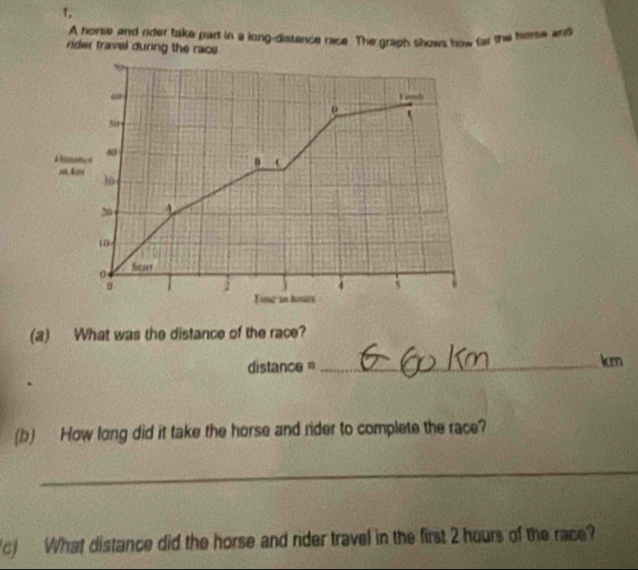 1, 
A norse and rider take part in a long-distance race. The graph shows how far the horse and 
rider travel during the race 
(a) What was the distance of the race? 
distance =_
km
(b) How long did it take the horse and rider to complete the race? 
_ 
c) What distance did the horse and rider travel in the first 2 hours of the race?