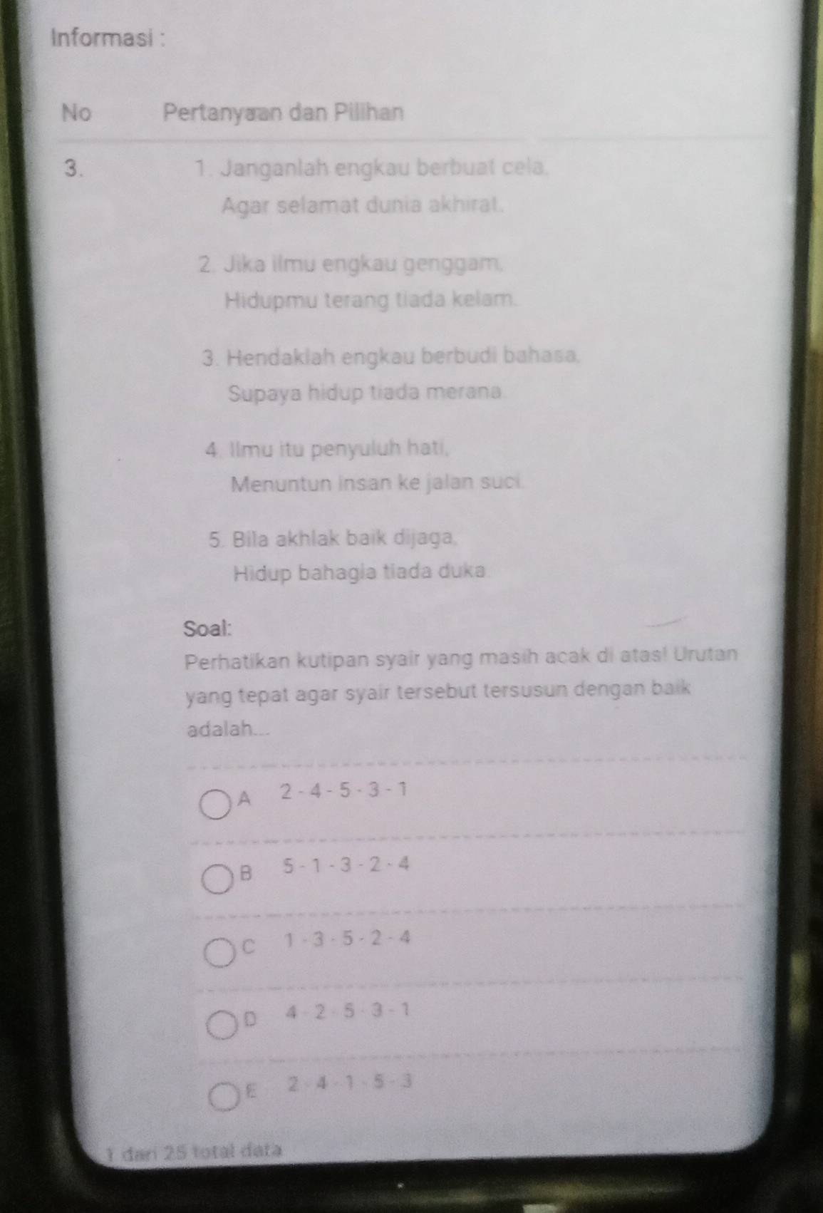 Informasi :
No Pertanyaan dan Pilihan
3. 1. Janganlah engkau berbuat cela.
Agar selamat dunia akhirat.
2. Jika ilmu engkau genggam.
Hidupmu terang tiada kelam.
3. Hendaklah engkau berbudi bahasa,
Supaya hidup tiada merana
4. Ilmu itu penyuluh hati,
Menuntun insan ke jalan suci.
5. Bila akhlak baik dijaga,
Hidup bahagia tiada duka
Soal:
Perhatikan kutipan syair yang masih acak di atas! Urutan
yang tepat agar syair tersebut tersusun dengan baik
adalah...
A 2-4-5· 3-1
B 5-1-3-2· 4
C 1· 3· 5· 2· 4
D 4· 2· 5· 3-1
E 2· 4· 1· 5· 3
1 đarí 25 total data