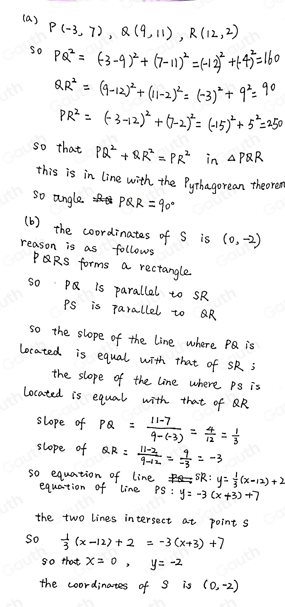 Solved: The points P, Q and R have coordinates (-3,7), (9,11) and (12,2 ...