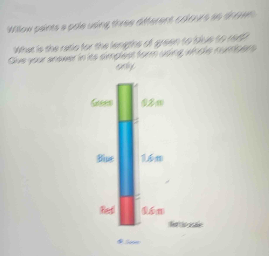 Willow pánts a poe vúng tores diterent, coova se troma 
What is the ratio for the longns of eyeen to blve to red? 
Give your snewer in 'its amples form uding whdle numbers 
any
02 w 
Bive 1 
Red lín 
N o ão
