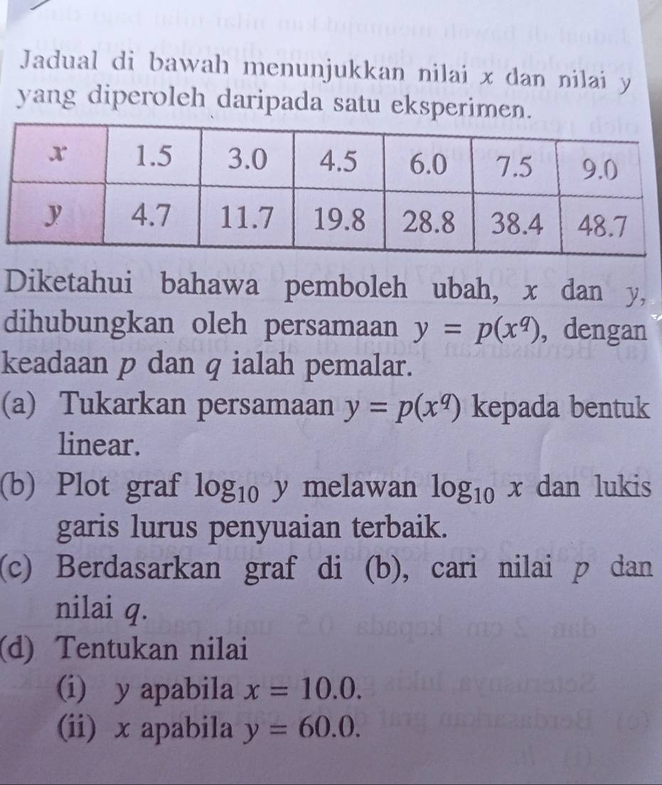 Jadual di bawah menunjukkan nilai x dan nilai y
yang diperoleh daripada satu eksperimen. 
Diketahui bahawa pemboleh ubah, x dan y, 
dihubungkan oleh persamaan y=p(x^q) , dengan 
keadaan p dan q ialah pemalar. 
(a) Tukarkan persamaan y=p(x^q) kepada bentuk 
linear. 
(b) Plot graf log _10 y melawan log _10x dan lukis 
garis lurus penyuaian terbaik. 
(c) Berdasarkan graf di (b), cari nilai p dan 
nilai q. 
(d) Tentukan nilai 
(i) y apabila x=10.0. 
(ii) x apabila y=60.0.