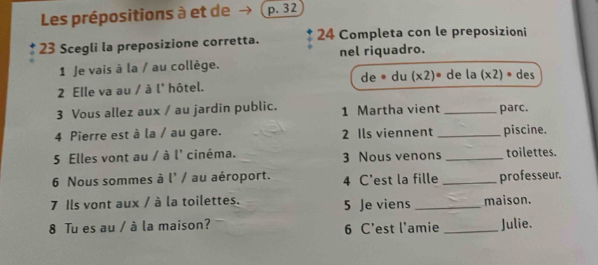 Les prépositions à et de p. 32
23 Scegli la preposizione corretta. 24 Completa con le preposizioni 
nel riquadro. 
1 Je vais à la / au collège. 
de· du (* 2)^circ  de 
2 Elle va au / à l' hôtel. la(x2)^circ  des 
3 Vous allez aux / au jardin public. 1 Martha vient _parc. 
4 Pierre est à la / au gare. 2 Ils viennent _piscine. 
5 Elles vont au / à l' cinéma. 3 Nous venons _toilettes. 
6 Nous sommes à l' / au aéroport. 4 C'est la fille _professeur. 
7 Ils vont aux / à la toilettes. 5 Je viens _maison. 
8 Tu es au / à la maison? 6 C’est l'amie _Julie.