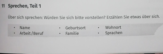 Sprechen, Teil 1 
Über sich sprechen: Würden Sie sich bitte vorstellen? Erzählen Sie etwas über sich. 
Name Geburtsort Wohnort 
Arbeit / Beruf Familie . Sprachen