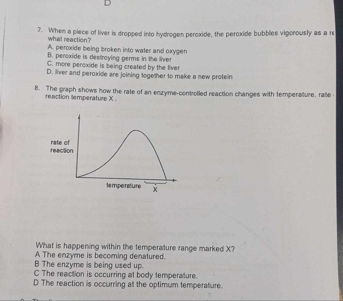 When a piece of liver is dropped into hydrogen peroxide, the peroxide bubbles vigorously as a re
what reaction?
A. peroxide being broken into water and oxygen
B. peroxide is destroying germs in the liver
C. more peroxide is being created by the liver
D. liver and peroxide are joining together to make a new protein
8. The graph shows how the rate of an enzyme-controlled reaction changes with temperature. rate
reaction temperature X.
What is happening within the temperature range marked X?
A The enzyme is becoming denatured.
B The enzyme is being used up.
C The reaction is occurring at body temperature.
D The reaction is occurring at the optimum temperature.