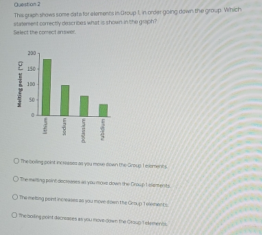 This graph shows some data for elements in Group 1, in order going down the group. Which
statement correctly describes what is shown in the graph?
Select the correct an swer.
The boiling point increases as you move down the Group 1 elements.
The melting point decreases as you move down the Group 1 elements.
The melting point increases as you move down the Group 1 elements.
The boiling point decreases as you move down the Group 1 elements.