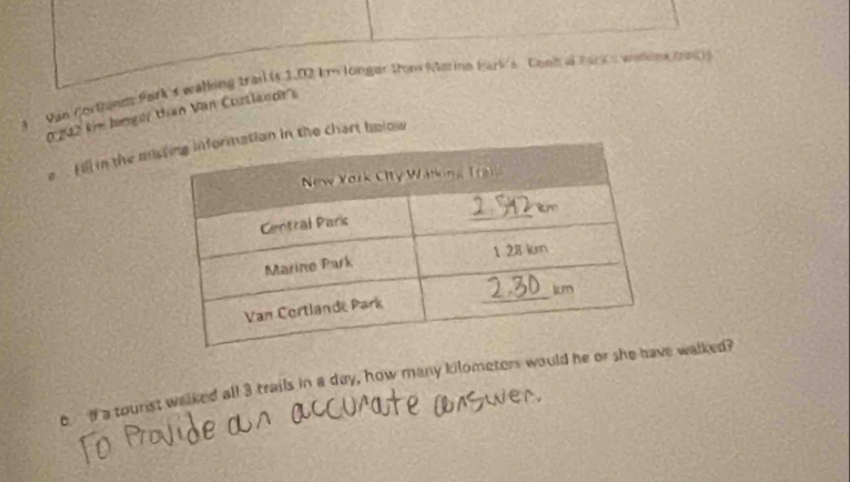 Van Corthem Park's wathing trai is 1.02 km longer tom Maline Bark's Cont al Park s weline tont 
( 242 kie Jamper than Van Cortlandrs 
e ill in the mi in the chart below 
e If a tourst walked all 3 trails in a day, how many kilometers would he or she e walked?