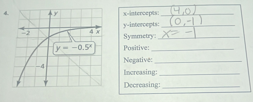 x-intercepts:_
y-intercepts:_
Symmetry:_
Positive:_
Negative:_
Increasing:_
Decreasing:_