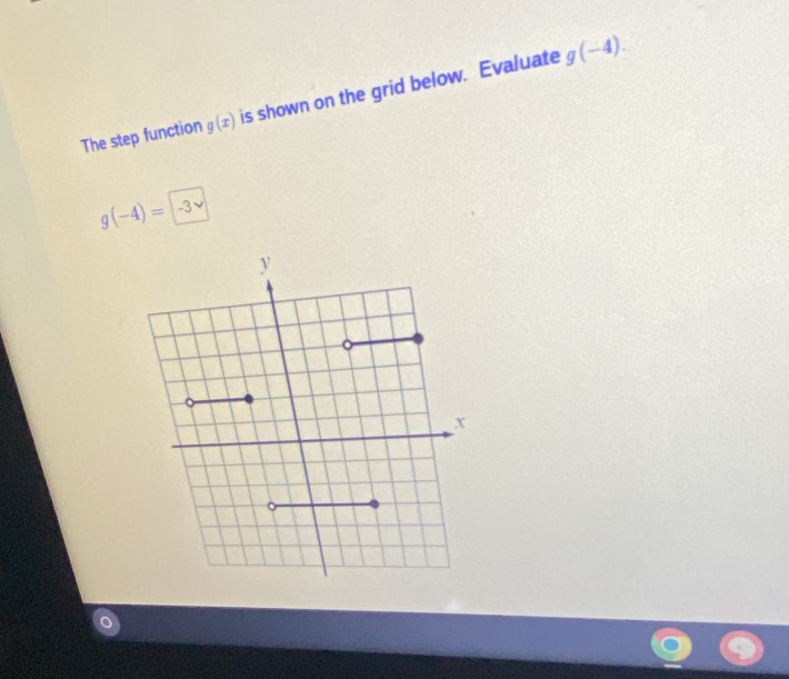 The step function g(x) is shown on the grid below. Evaluate
g(-4).
g(-4)=-3vee