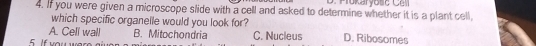 Mokaryosç C el
4. If you were given a microscope slide with a cell and asked to determine whether it is a plant cell
which specific organelle would you look for?
A. Cell wall B. Mitochondria
5. If you wer C. Nucleus D. Ribosomes