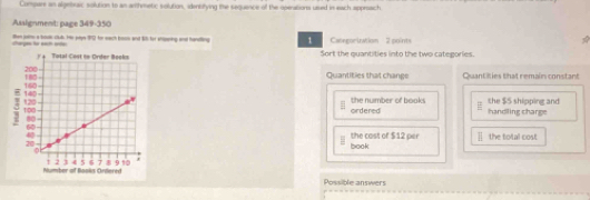 Compare an algebraic solution to an amhmetic solution, identutying the sequence of the operations uised in each appreach 
Assignment: page 349-350 
charges for eath orte tan sans a soule clubs His pays 910 for mach boon and 1 for ateing and haelling 1 CategorinAtiom 2 points 
Sort the quantities into the two categories. 
Quantities that change Quantities that remain constant 
ordered the number of books the $5 shipping and handling charge 
the cast of $12 per the fotal cost 
book 
Possible answers