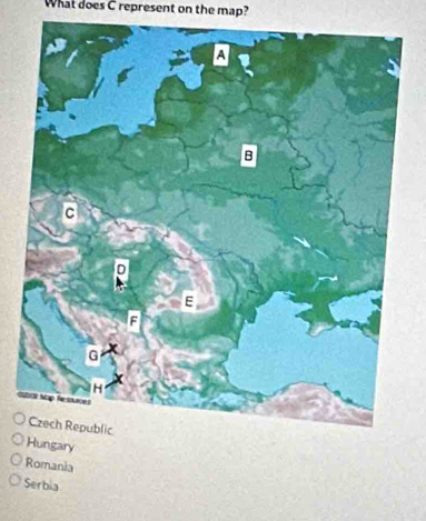 What does C represent on the map?
ry
Romania
Serbia