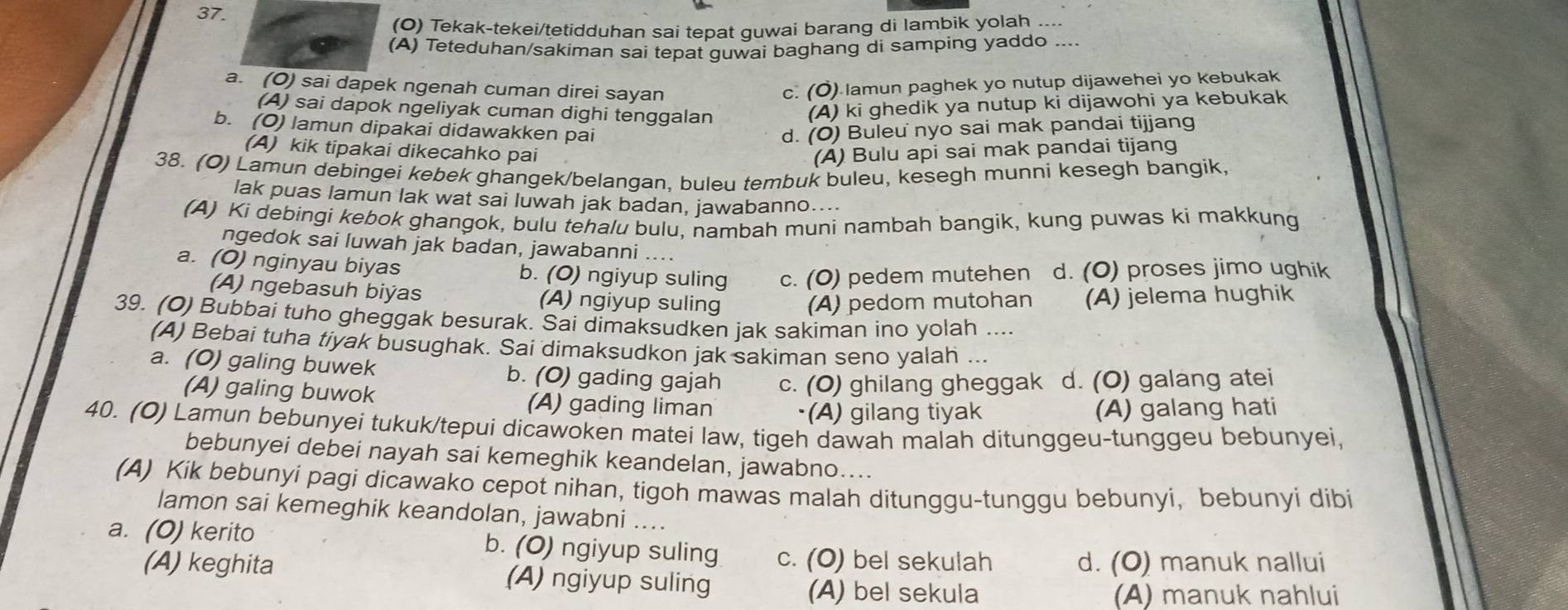 Tekak-tekei/tetidduhan sai tepat guwai barang di lambik yolah ....
(A) Teteduhan/sakiman sai tepat guwai baghang di samping yaddo ....
a. (O) sai dapek ngenah cuman direi sayan c. (O) lamun paghek yo nutup dijawehei yo kebukak
(A) sai dapok ngeliyak cuman dighi tenggalan
(A) ki ghedik ya nutup ki dijawohi ya kebukak
b. (O) lamun dipakai didawakken pai d. (O) Buleu nyo sai mak pandai tijjang
(A) kik tipakai dikecahko pai (A) Bulu api sai mak pandai tijang
38. (O) Lamun debingei kebek ghangek/belangan, buleu tembuk buleu, kesegh munni kesegh bangik,
lak puas lamun lak wat sai luwah jak badan, jawabanno....
(A) Ki debingi kebok ghangok, bulu tehalu bulu, nambah muni nambah bangik, kung puwas ki makkung
ngedok sai luwah jak badan, jawabanni ....
a. (O) nginyau biyas b. (O) ngiyup suling c. (O) pedem mutehen d. (O) proses jimo ughik
(A) ngebasuh biýas (A) ngiyup suling (A) pedom mutohan (A) jelema hughik
39. (O) Bubbai tuho gheggak besurak. Sai dimaksudken jak sakiman ino yolah ....
(A) Bebai tuha tiyak busughak. Sai dimaksudkon jak sakiman seno yalah ...
a. (O) galing buwek b. (O) gading gajah c. (O) ghilang gheggak d. (O) galang atei
(A) galing buwok (A) gading liman
·(A) gilang tiyak (A) galang hati
40. (O) Lamun bebunyei tukuk/tepui dicawoken matei law, tigeh dawah malah ditunggeu-tunggeu bebunyei,
bebunyei debei nayah sai kemeghik keandelan, jawabno....
(A) Kik bebunyi pagi dicawako cepot nihan, tigoh mawas malah ditunggu-tunggu bebunyi, bebunyi dibi
lamon sai kemeghik keandolan, jawabni ....
a. (O) kerito b. (O) ngiyup suling c. (O) bel sekulah d. (O) manuk nallui
(A) keghita (A) ngiyup suling
(A) bel sekula (A) manuk nahlui