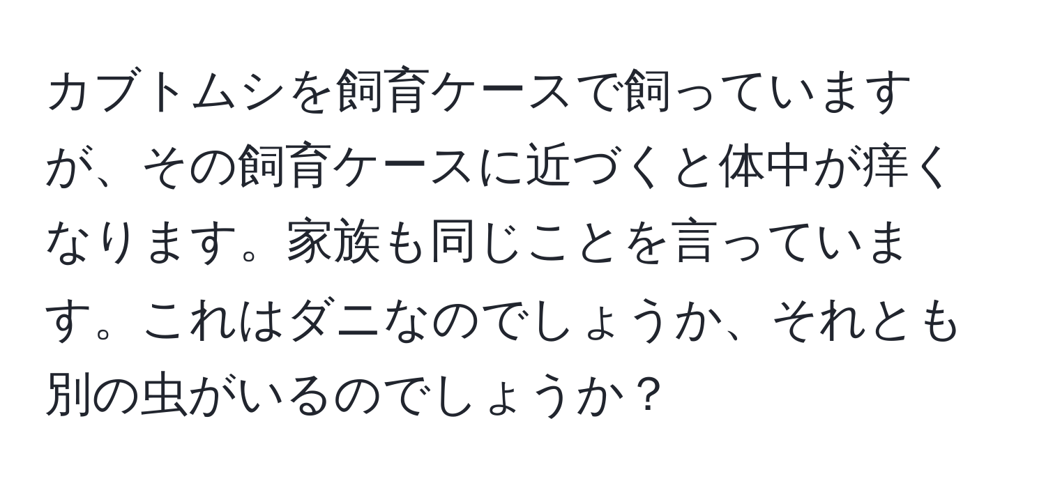 カブトムシを飼育ケースで飼っていますが、その飼育ケースに近づくと体中が痒くなります。家族も同じことを言っています。これはダニなのでしょうか、それとも別の虫がいるのでしょうか？