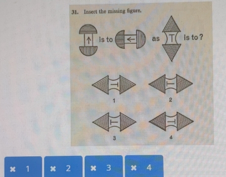 Insert the missing figure. 
^ is to as T( is to ?
1 2
3 4
x 1 x 2 x 3 4