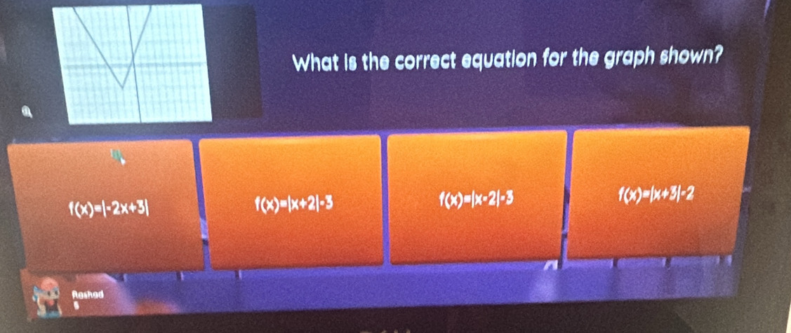 What is the correct equation for the graph shown?
f(x)=|-2x+3|
f(x)=|x+2|-3
f(x)=|x-2|-3
f(x)=|x+3|-2
Roshed