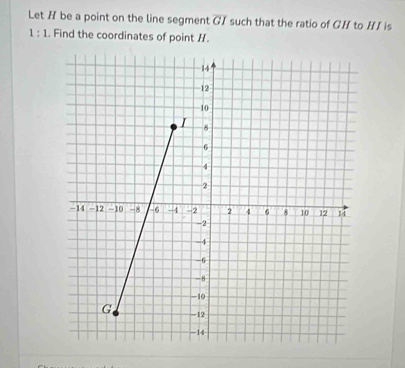 Let H be a point on the line segment overline GI such that the ratio of GH to HI is
1:1. Find the coordinates of point H.