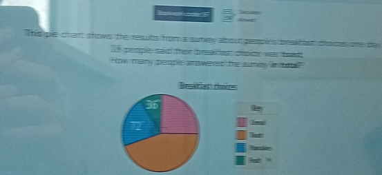 Bowotcods s 
This gie chant show the res utts from a sumey about perplss besates csoes oe de
38 pemple said ther beafes chome was tas 
How many perople ansvered! the sumey im tobe?" 
Breaicias Dhoices
36
b
72
lear 
Tarcale