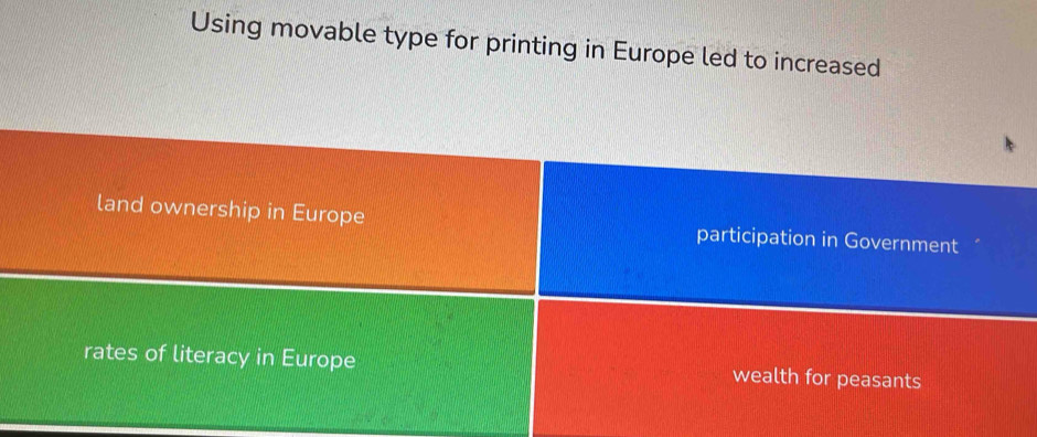 Using movable type for printing in Europe led to increased 
land ownership in Europe participation in Government 
rates of literacy in Europe wealth for peasants