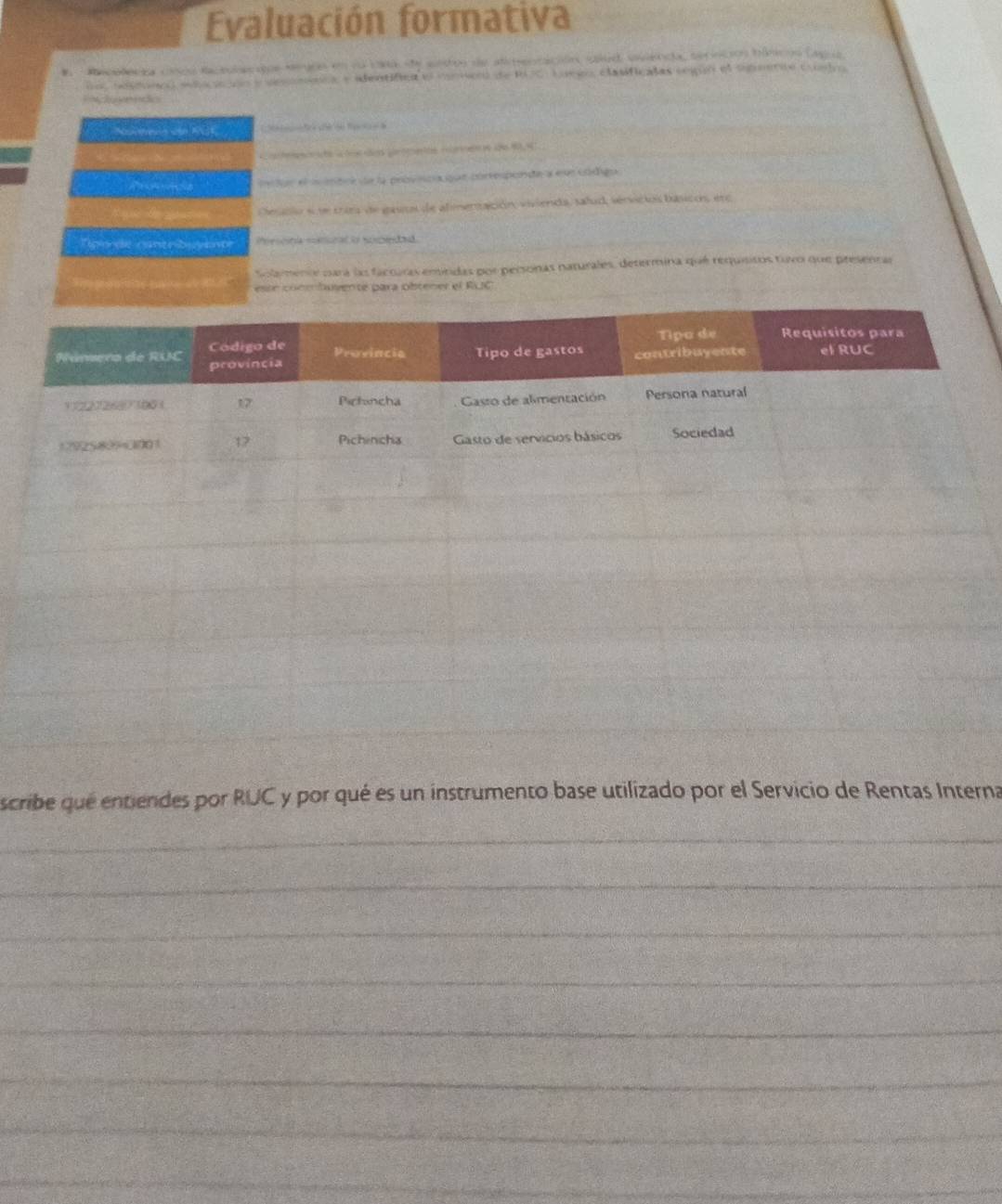 Evaluación formativa 
#. Recelecza cnco daceulacios segos en lo casa se sntos de atmentación, cud vvienda, tecnción háncoo lagua 
do notno elacón e desmnca e adentifica el conmeo de 100 Luego, clasificalas seguo el spmette comdro 
FMl n e ndics 
Notereca co 1t 
metor el i inbca de la proveca que córtesponde a eue código 
N Cesalo s se trues de gass de almertación, vivienda, salud, sérvicios básicos ere 
Rporde cantribuyetr Pesoinia sncral o socested. 
Solmence cará las facturas emindas por personas naturales, determina qué requisitos tuvo que presentar 
esóe conmbuvente para obtener el RUC 
_ 
scribe qué entiendes por RUC y por qué es un instrumento base utilizado por el Servicio de Rentas Interna 
_ 
_ 
_ 
_ 
_ 
_ 
_ 
_ 
_