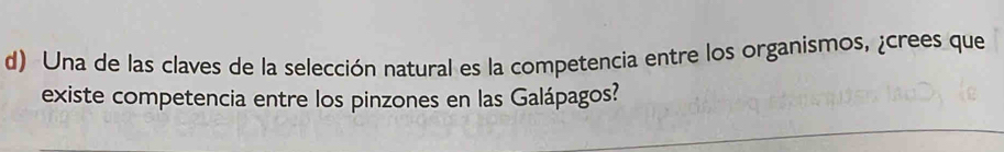 Una de las claves de la selección natural es la competencia entre los organismos, ¿crees que 
existe competencia entre los pinzones en las Galápagos?