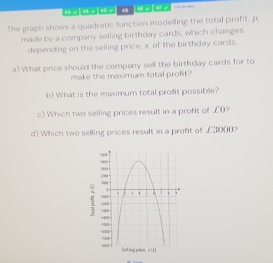 an √ | AB √| AO √ 4D 48√ 4P √ Sumosary 
The graph shows a quadratic function modelling the total profit, p, 
made by a company selling birthday cards, which changes 
depending on the selling price, 8, of the birthday cards. 
a) What price should the company sell the birthday cards for to 
make the maximum total profit? 
b) What is the maximum total profit possible? 
c) Which two selling prices result in a profit of £ (? 
d) Which two selling prices result in a profit of £3000?