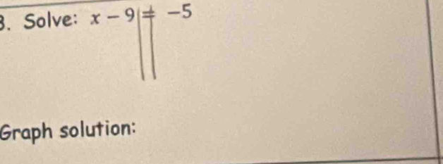 Solve: x-9|=-5
Graph solution: