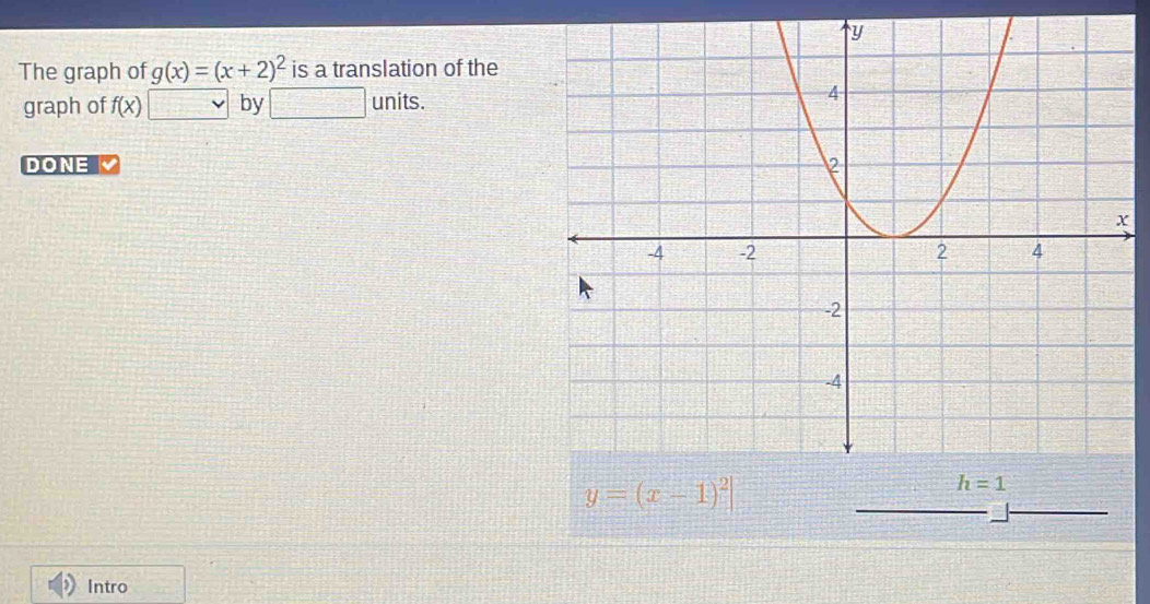 The graph of g(x)=(x+2)^2 is a translation of the
graph of f(x) by d=□ units.
DONE 
Intro