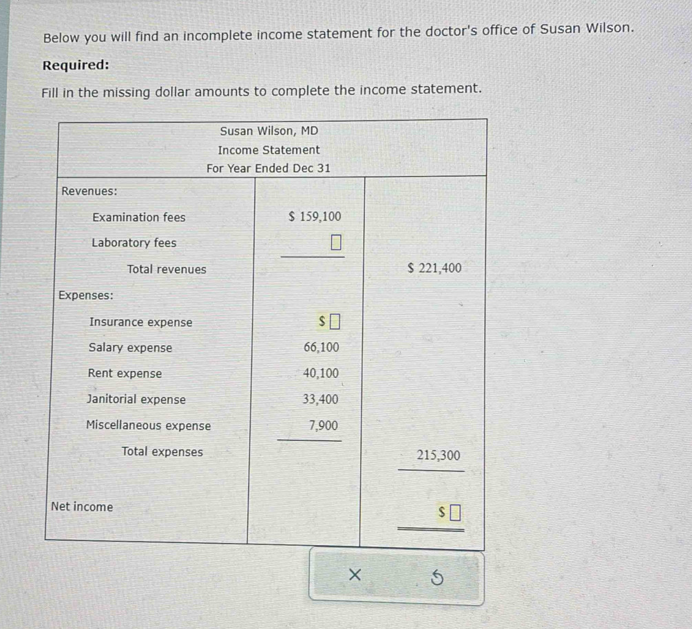 Below you will find an incomplete income statement for the doctor's office of Susan Wilson.
Required:
Fill in the missing dollar amounts to complete the income statement.
× 3x-2y+20