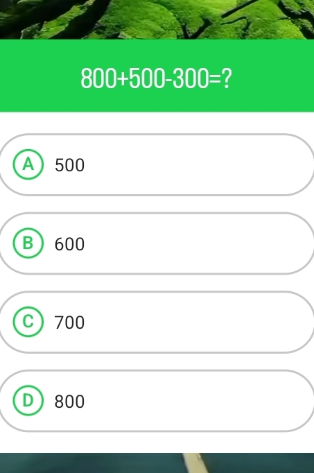 800+500-300= ?
A 500
B 600
700
800