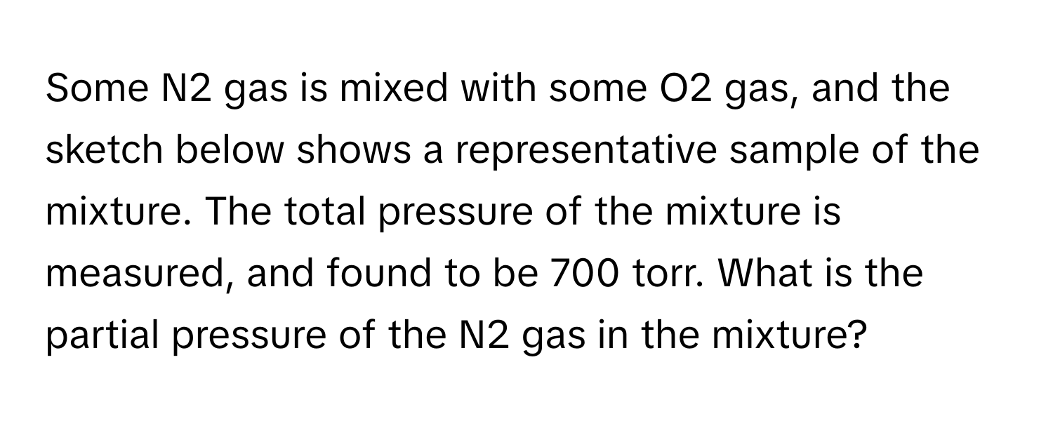 Some N2 gas is mixed with some O2 gas, and the sketch below shows a representative sample of the mixture. The total pressure of the mixture is measured, and found to be 700 torr. What is the partial pressure of the N2 gas in the mixture?