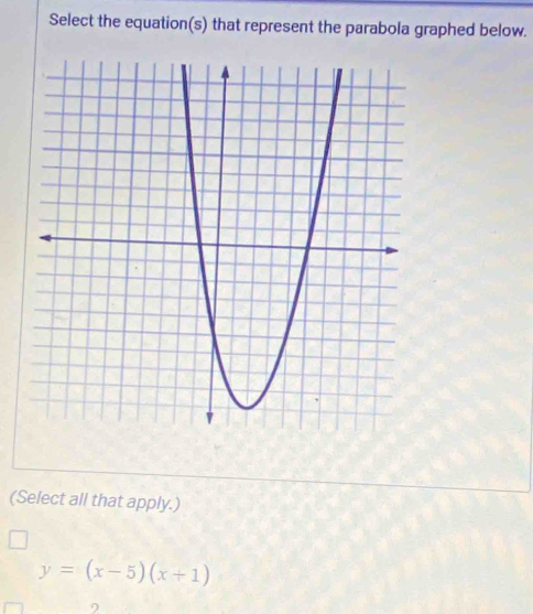 Select the equation(s) that represent the parabola graphed below.
(Select all that apply.)
y=(x-5)(x+1)