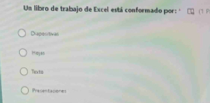 Un libro de trabajo de Excel está conformado por: (1 P.
Diapositivas
Hojas
Texto
Presentacione