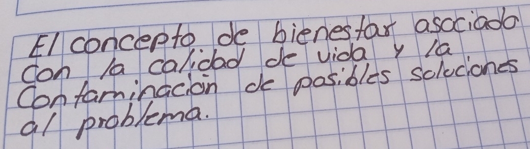 El concepto de bienesfar asociado 
con Aa calidad de vida y la 
Confarminacion de posibles solociones 
a/ problema.