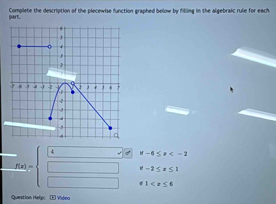 Complete the description of the piecewise function graphed below by filling in the algebraic rule for each 
part.
f(x)=beginarrayl □ , □  □ endarray. sigma^4 if -6≤ x
if -2≤ x≤ 1
if 1
Question Help: D Video