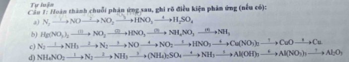 Tự luận 
Câu 1: Hoàn thành chuỗi phản ứng sau, ghi rõ điều kiện phản ứng (nếu có): 
a) N_2to NOto NO_2to NO_2to HNO_3to H_2SO_4
b) Hg(NO_3)_2to NO_2xrightarrow (2)to HNO)NH_4NO_3xrightarrow (6)NH_3 
c) N_2to NH_3to N_3xrightarrow 2NO4NO_2xrightarrow 5HNto Cu(NO_3)_2xrightarrow 1CuOto Cu
d) NH_4NO_2xrightarrow I_2xrightarrow 2NH_3to (NH_4)_2SO_4to NH_3xrightarrow to Al(OH)xrightarrow 6to Al(OH)_3to Al(NO_3)_3to Al_2O_3