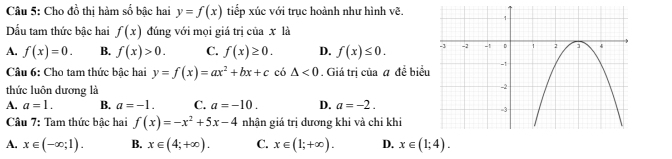 Cho đồ thị hàm số bậc hai y=f(x) tiếp xúc với trục hoành như hình vẽ.
Dấu tam thức bậc hai f(x) đúng với mọi giá trị của x là
A. f(x)=0. B. f(x)>0. C. f(x)≥ 0. D. f(x)≤ 0. 
Câu 6: Cho tam thức bậc hai y=f(x)=ax^2+bx+c có △ <0</tex> . Giá trị của a đề biể
thức luôn dương là
A. a=1. B. a=-1. C. a=-10. D. a=-2. 
Câu 7: Tam thức bậc hai f(x)=-x^2+5x-4 nhận giá trị đương khi và chỉ khi
A. x∈ (-∈fty ;1). B. x∈ (4;+∈fty ). C. x∈ (1;+∈fty ). D. x∈ (1;4).