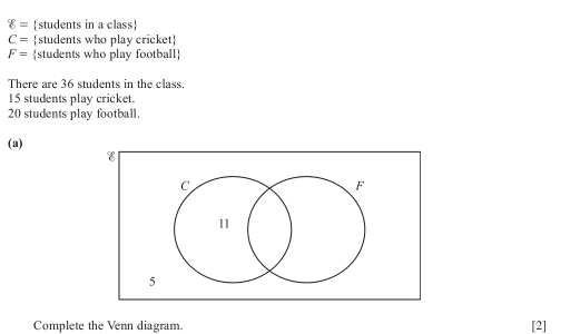 8= students in a class
C= students who play cricket
F= students who play football 
There are 36 students in the class.
15 students play cricket.
20 students play football. 
(a)
C
F
11
5 
Complete the Venn diagram. [2]