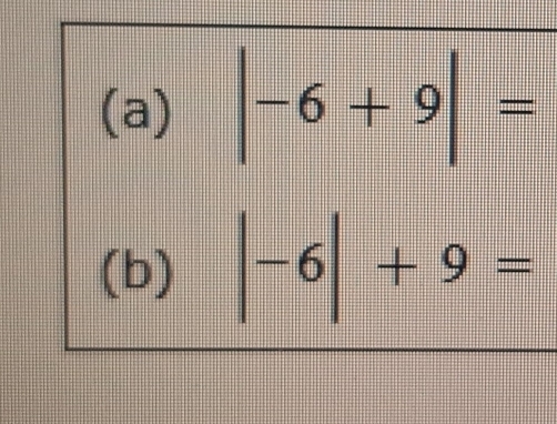 |-6+9|=
(b) |-6|+9=