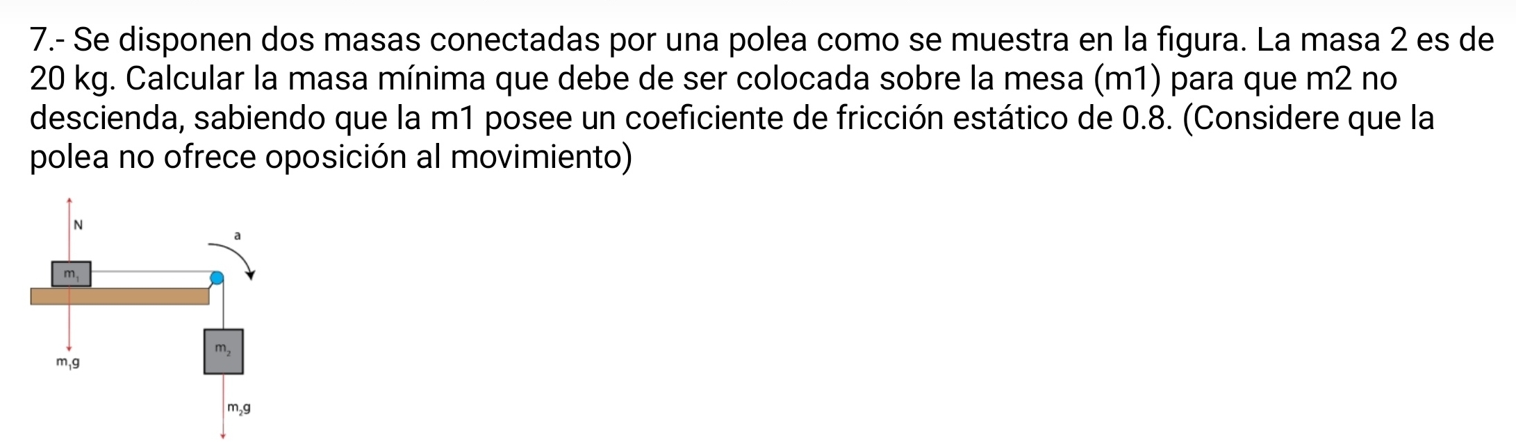 7.- Se disponen dos masas conectadas por una polea como se muestra en la figura. La masa 2 es de
20 kg. Calcular la masa mínima que debe de ser colocada sobre la mesa (m1) para que m2 no
descienda, sabiendo que la m1 posee un coeficiente de fricción estático de 0.8. (Considere que la
polea no ofrece oposición al movimiento)