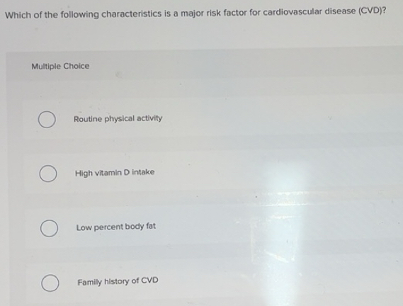 Solved: Which of the following characteristics is a major risk factor ...