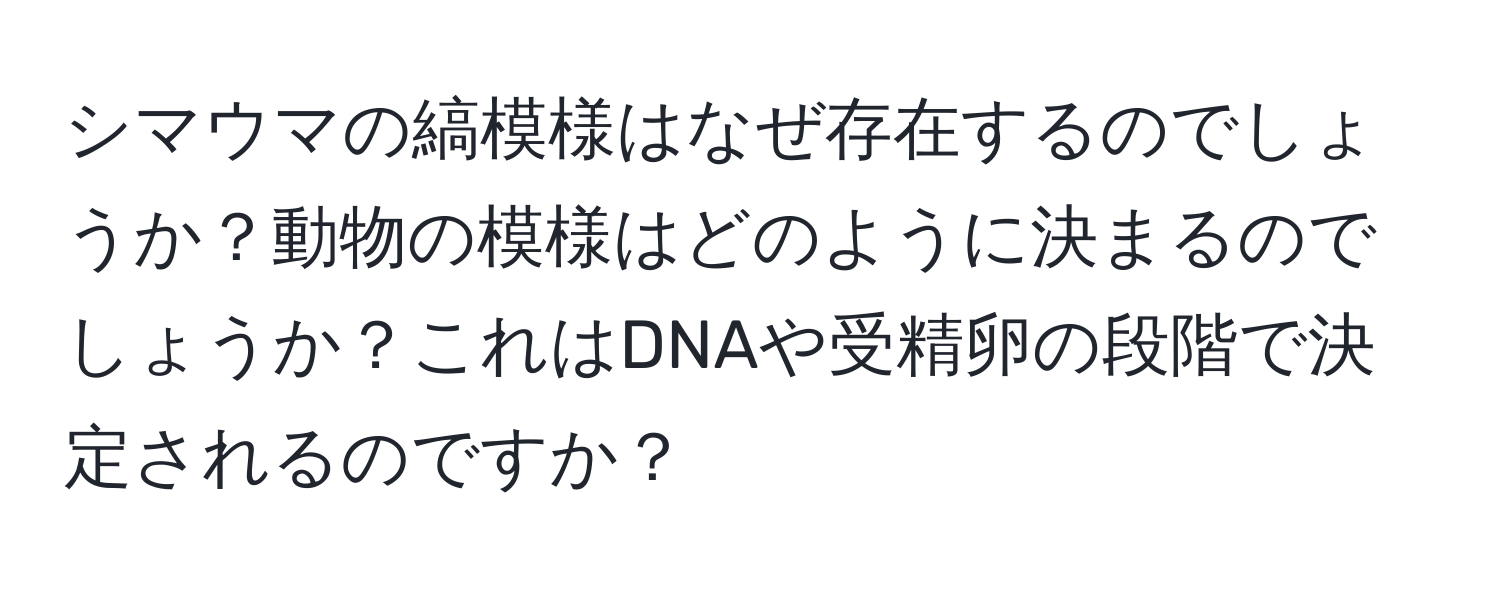 シマウマの縞模様はなぜ存在するのでしょうか？動物の模様はどのように決まるのでしょうか？これはDNAや受精卵の段階で決定されるのですか？